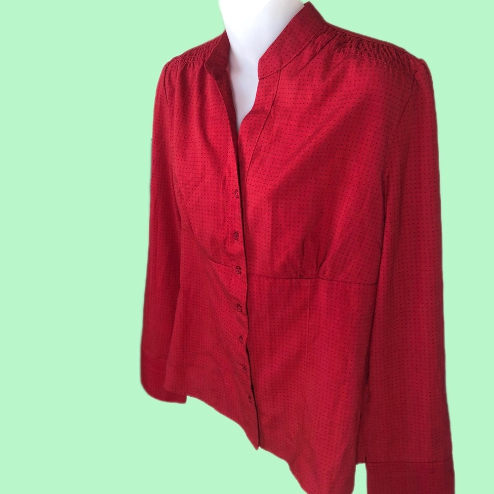 east 5th red and black mini polka dot button down blouse